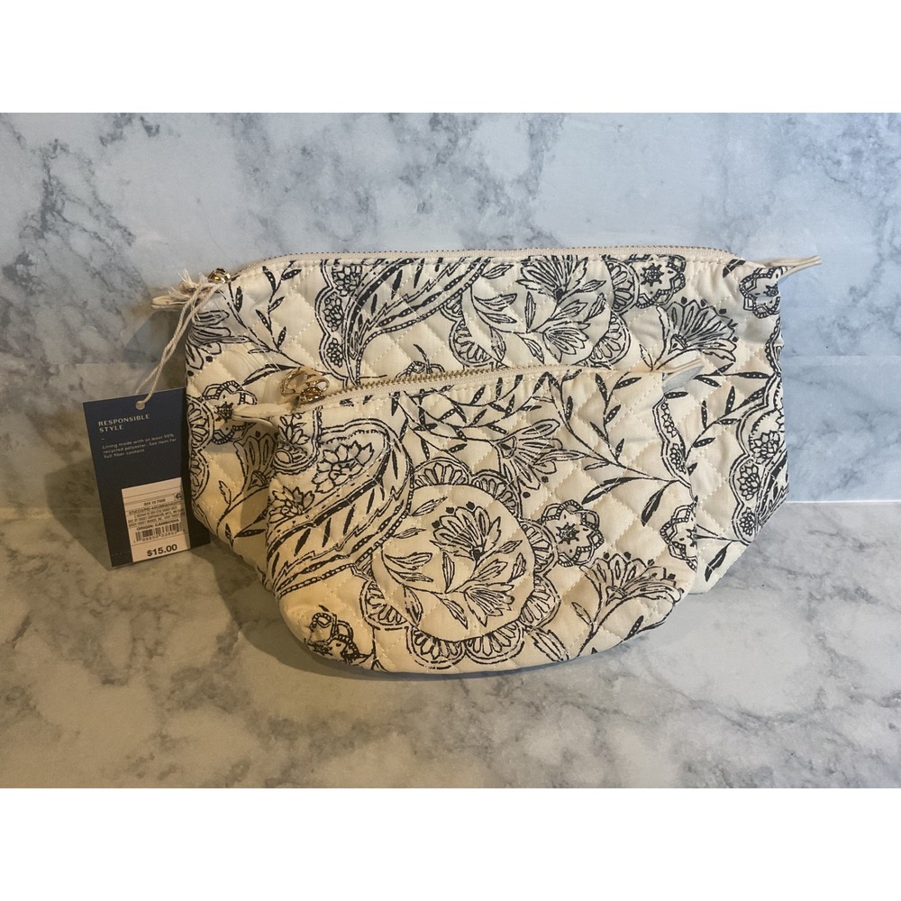 Universal Thread Quilted Cosmetic Bag Set Floral Paisley Cream Black 2pc NWT